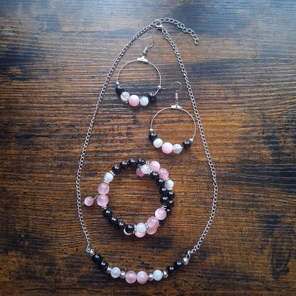 Handmade Pink & Black Beaded Necklace, Bracelet & Matching Earrings Set